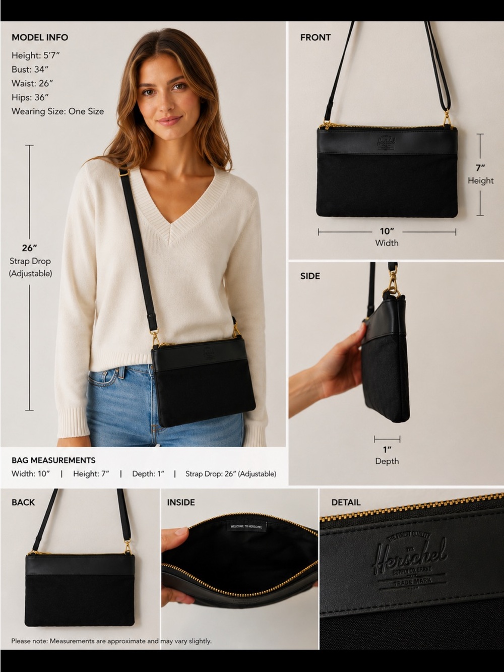 Herschel Black Crossbody Bag | Nylon & Faux Leather Trim | Adjustable Strap